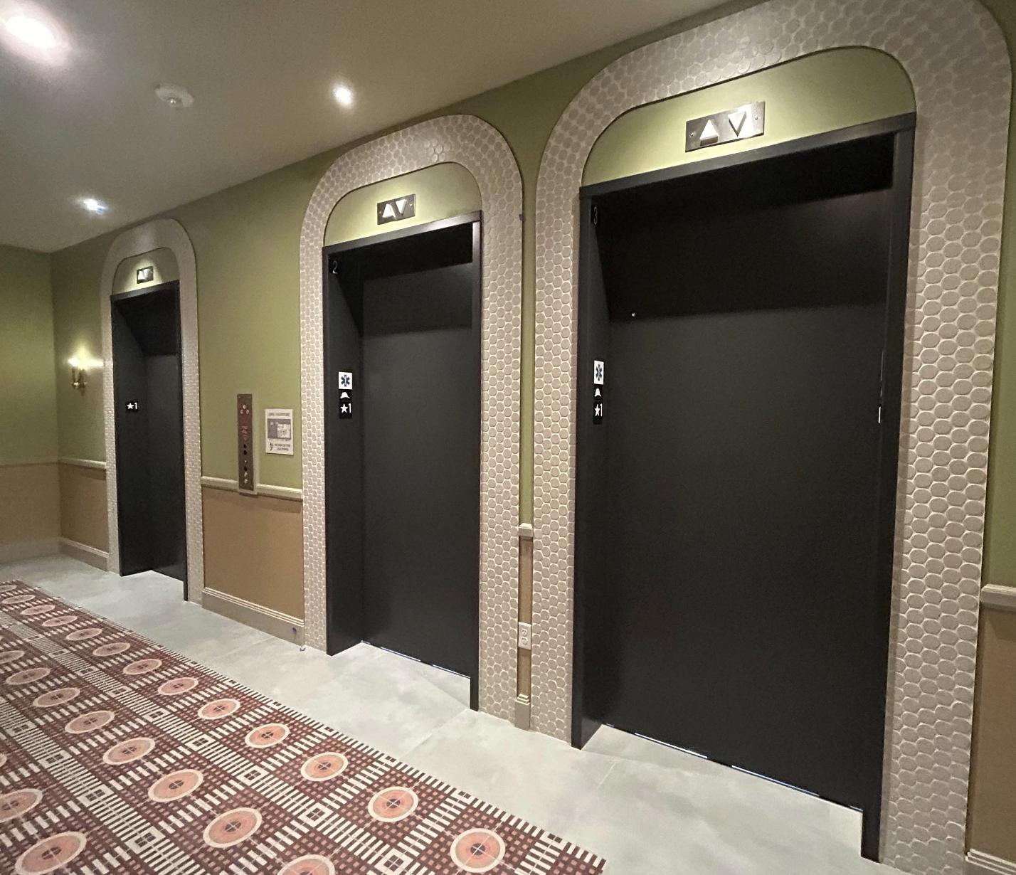 Elevators inside Rambler Atlanta. 
